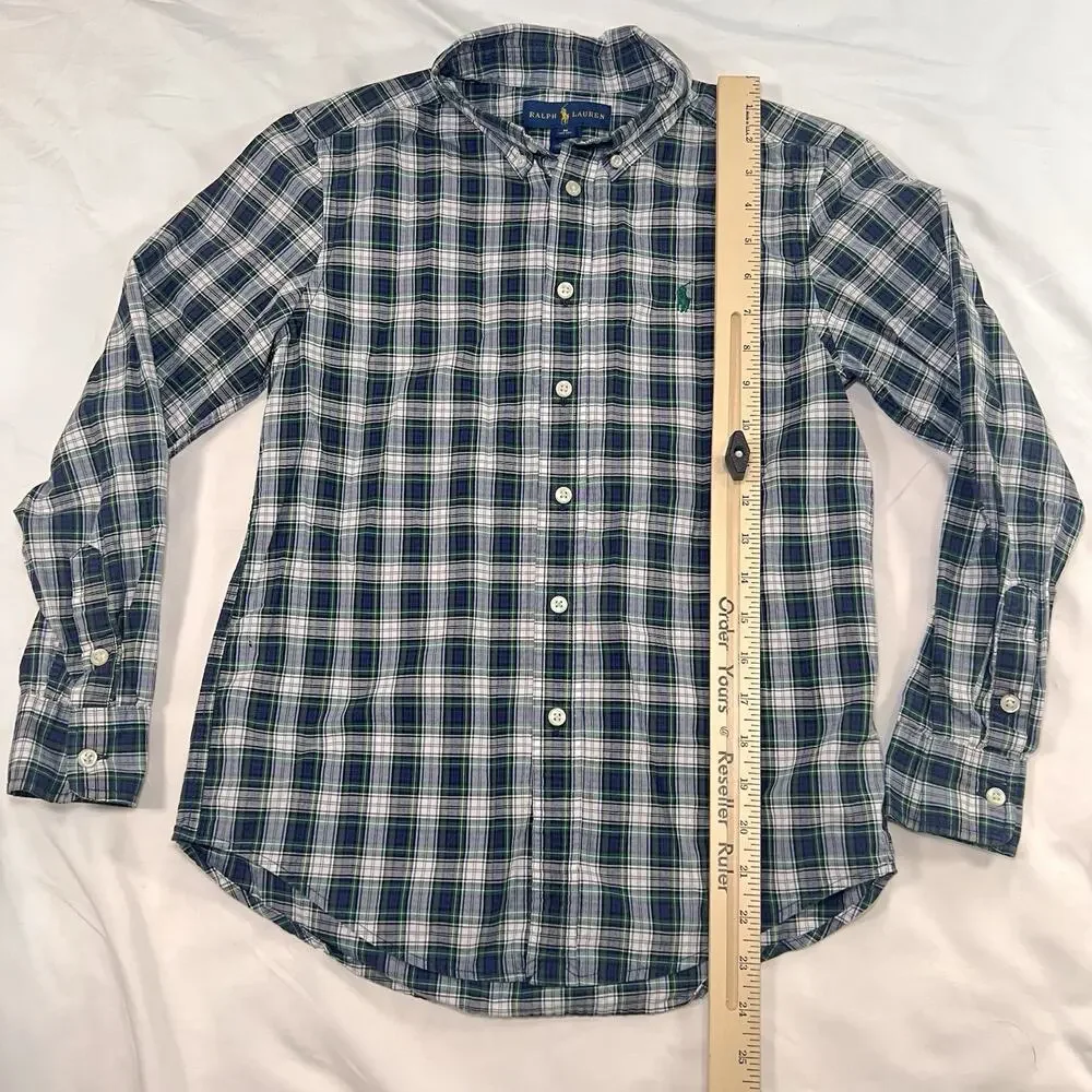 Ralph Lauren Shirt Boys Size M (10-12) Blue Green Tartan Plaid Button Down Polo